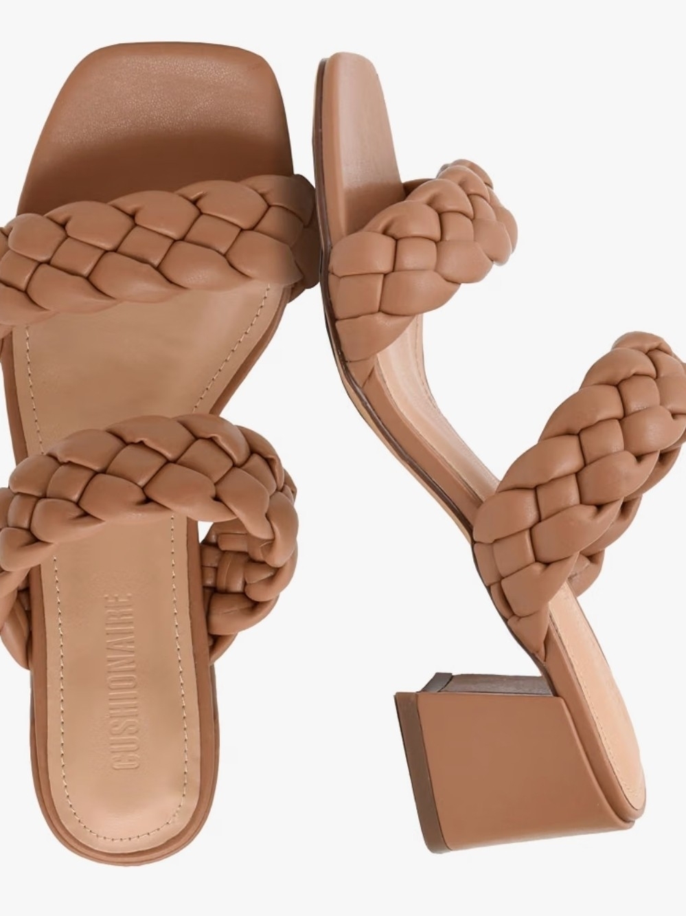 Woven Double-Strap Block Heel Sandals in Camel